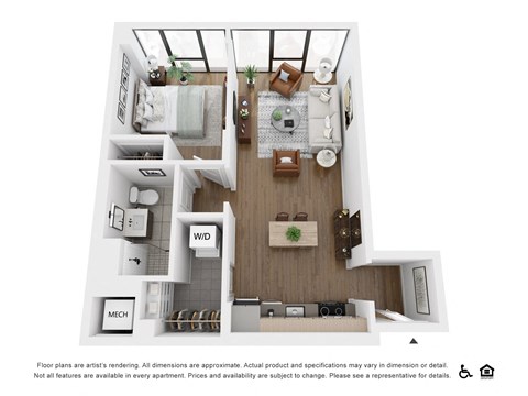 Floor plan for 1 bed, 1 bath, 681 sqft